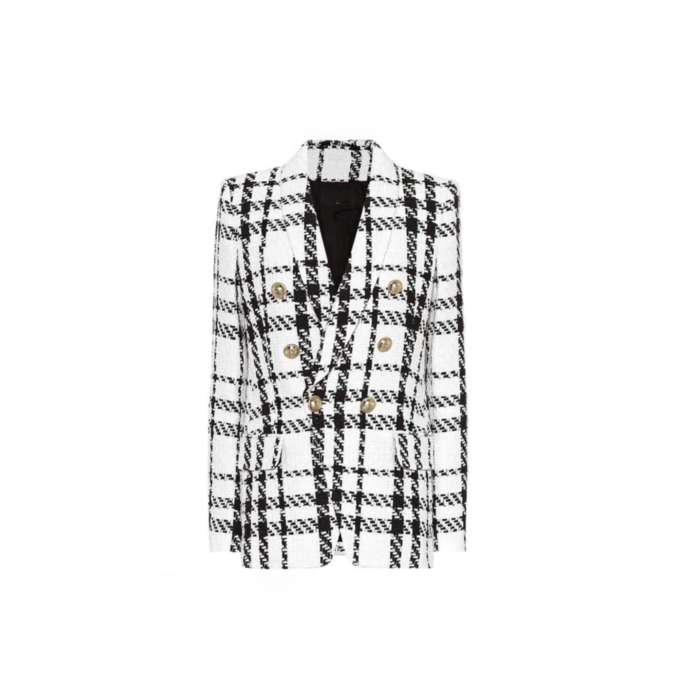 Double-Breasted Check Tweed Blazer